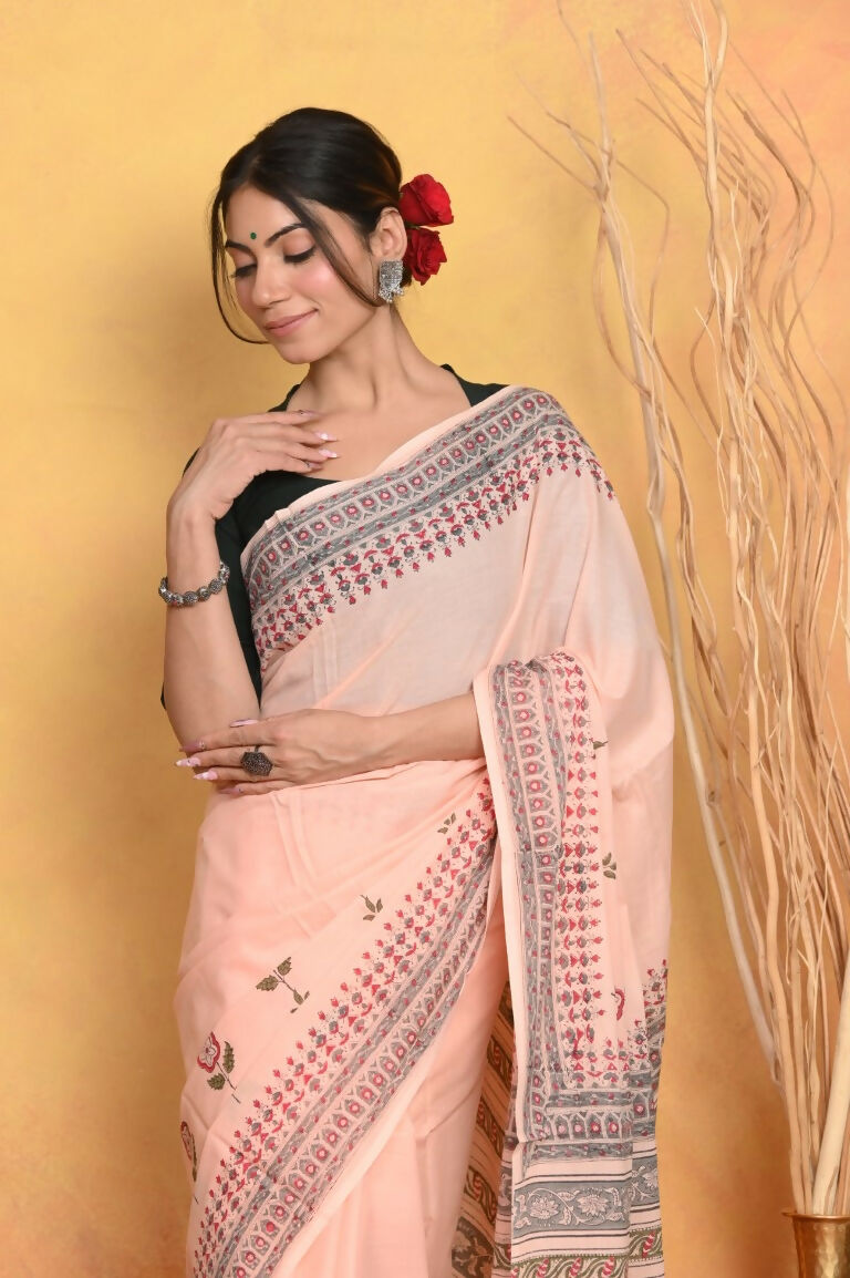 Very Much Indian Handblock Printed Cotton Saree With Natural Dyes - Peach | Swadesiicart