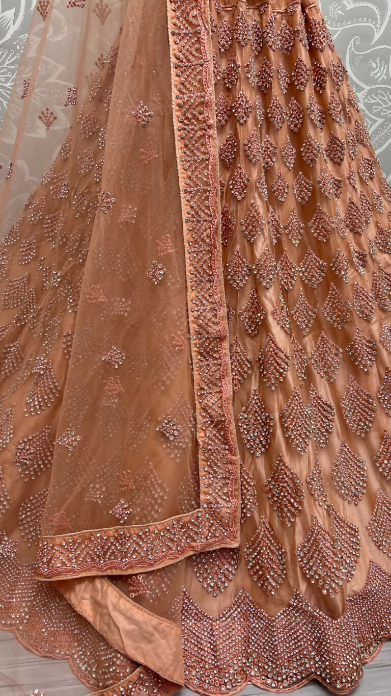 Jyoti Fashion Women's Peach Bridal Net Fancy Dori & Multi Thread Embroidered with Zircon Diamond Work Wedding Lehenga Choli | Swadesiicart
