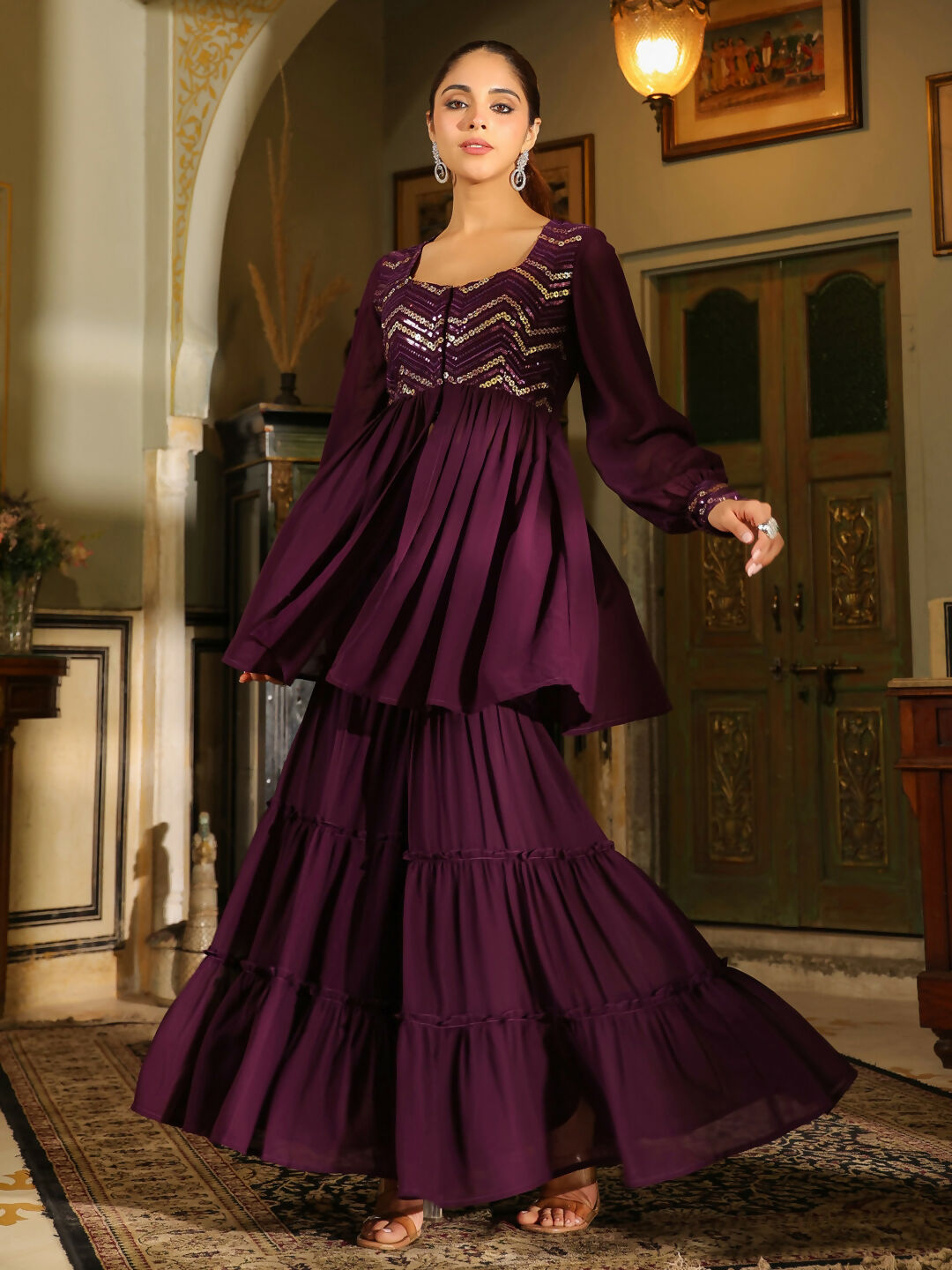 Janasya Purple Georgette Sequined Tunic & Bottom | Swadesiicart