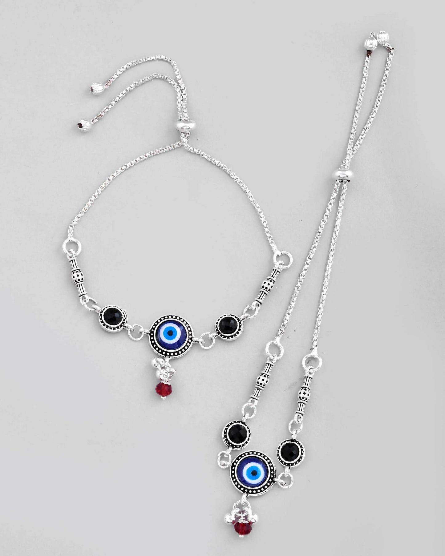 VOJ Set of 2 Silver Plated Evil Eye HandCrafted Adjustable Anklet - Swadesiicart