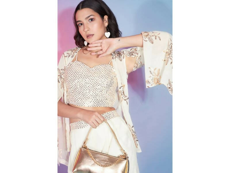 Off White Georgette Sequence With Thread Designer Co-Ord Set - Flory - Swadesiicart