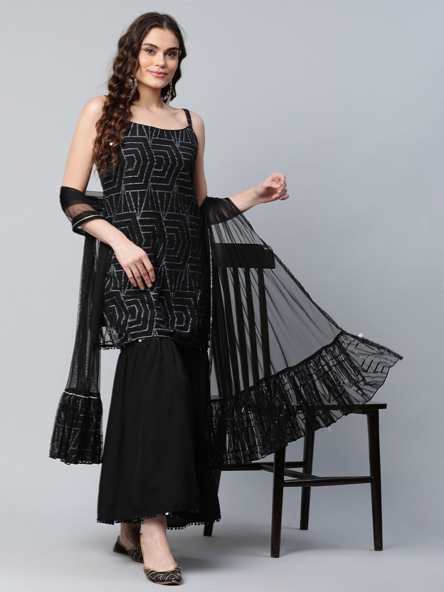 Ahalyaa Women Black Net Glitter Print Short Kurti With Sharara Dupatta Set | Swadesiicart