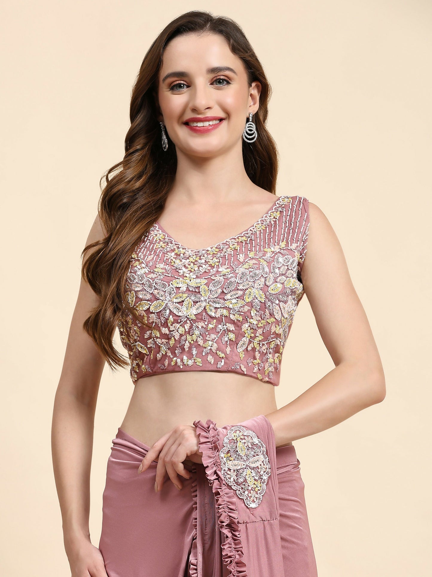 Pink Lycra Solid Ready to wear Saree with stitched Blouse - Vanita | Swadesiicart