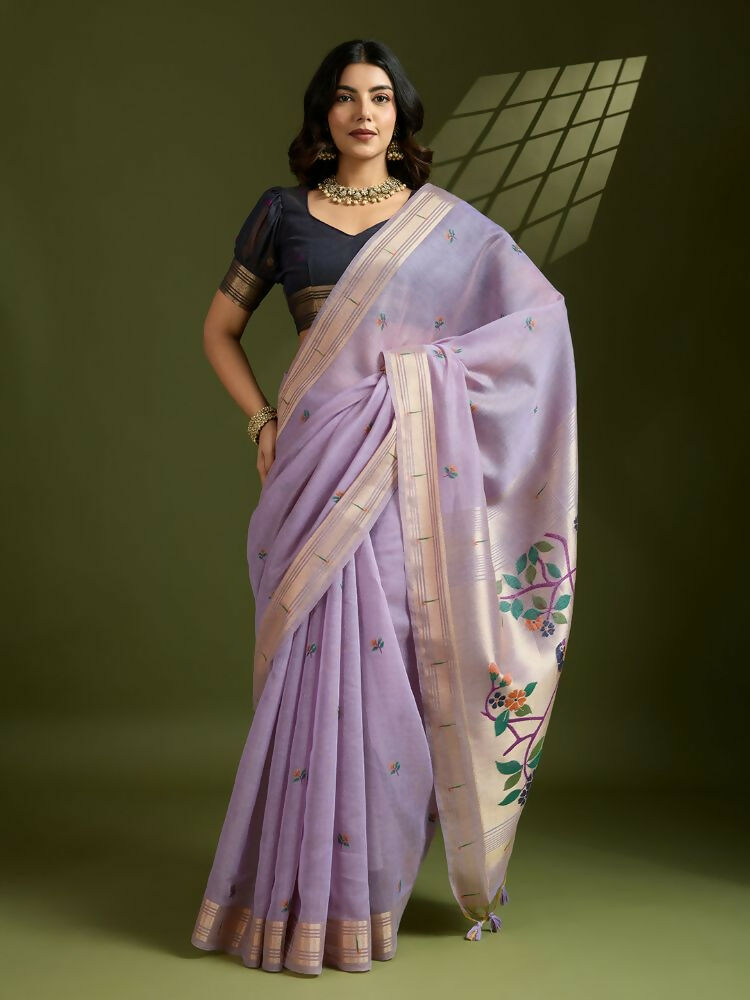 Vishnu Weaves Women's Lavender Muga Cotton Thread Woven Butti with Blouse - Swadesiicart