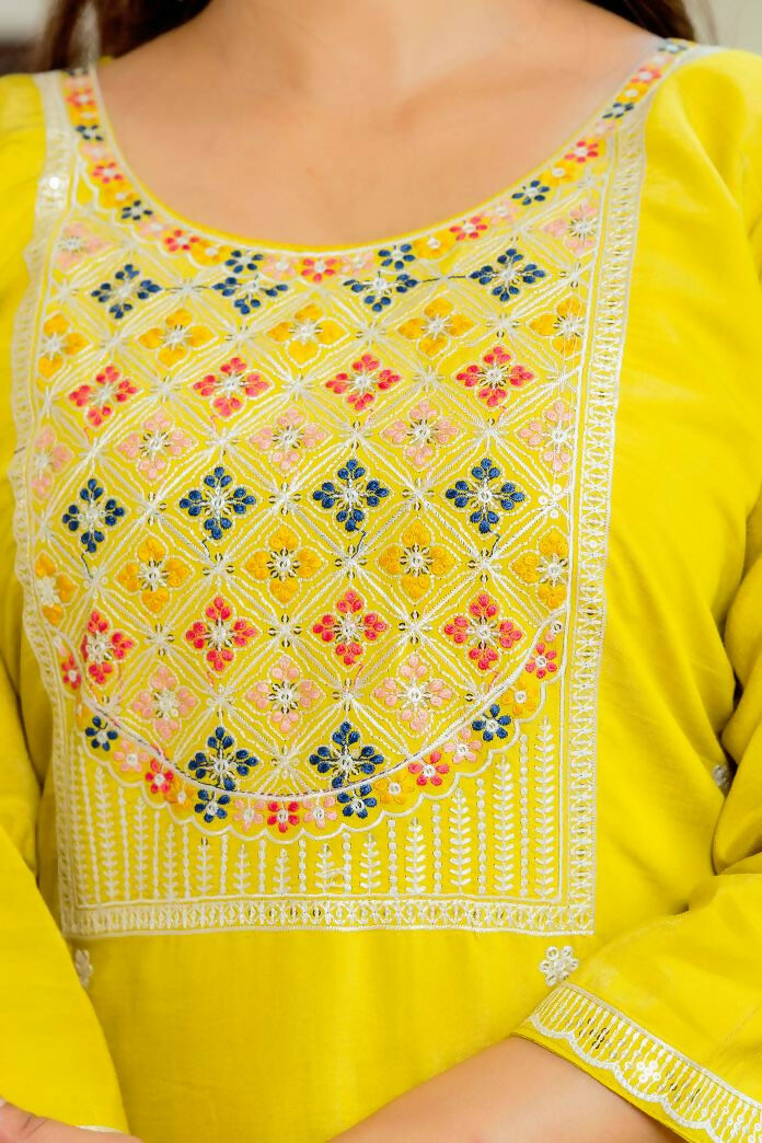 The52 Yellow Women's Beautiful Embroidered Viscose Shimmer Fabric with Straight Kurta, Pant and Dupatta Set - Swadesiicart
