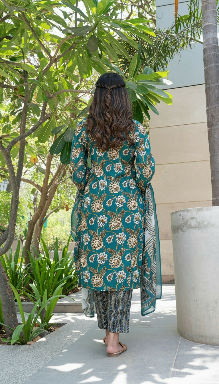 BulBul Fashionista Green Cotton Kurta Set with Dupatta - Swadesiicart