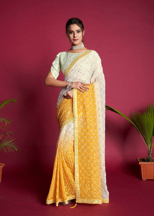 Vamsee Yellow & White Georgette Designer Saree - Swadesiicart