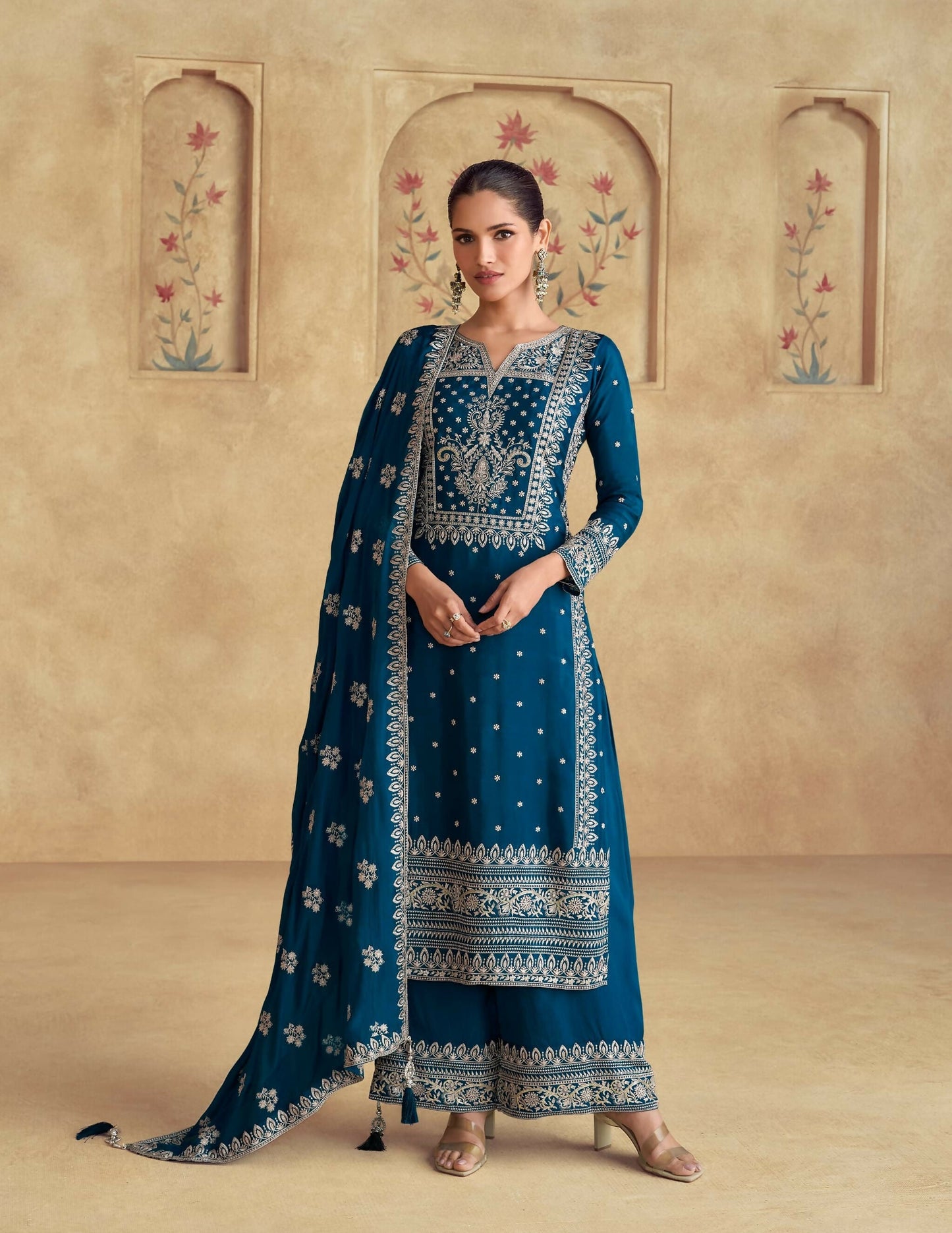 Anaita Teal Premium Chinon Embroidered Dhaga Sequence Work Ready Made Suit