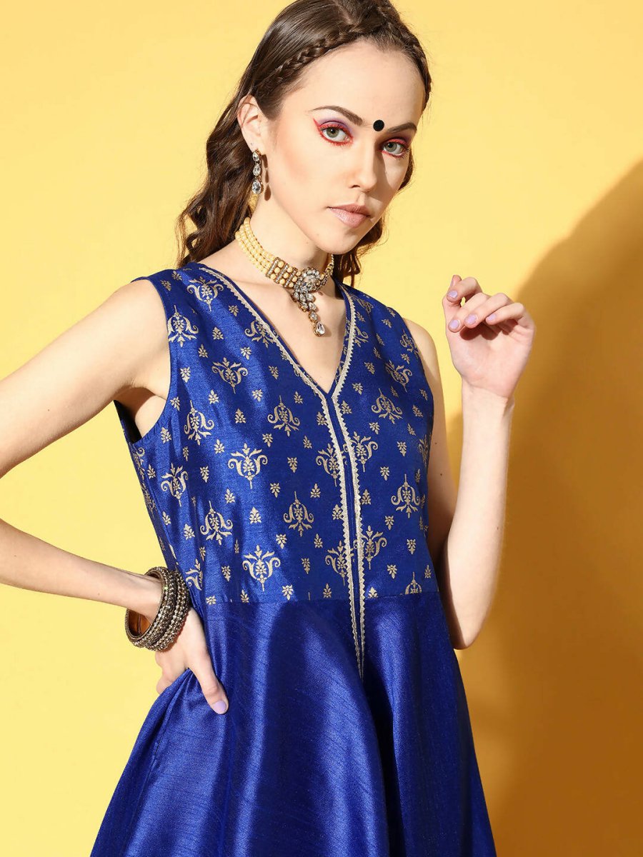Ahalyaa Women Royal Blue Colour Poly Silk Printed Kurta Palazzo Set | Swadesiicart
