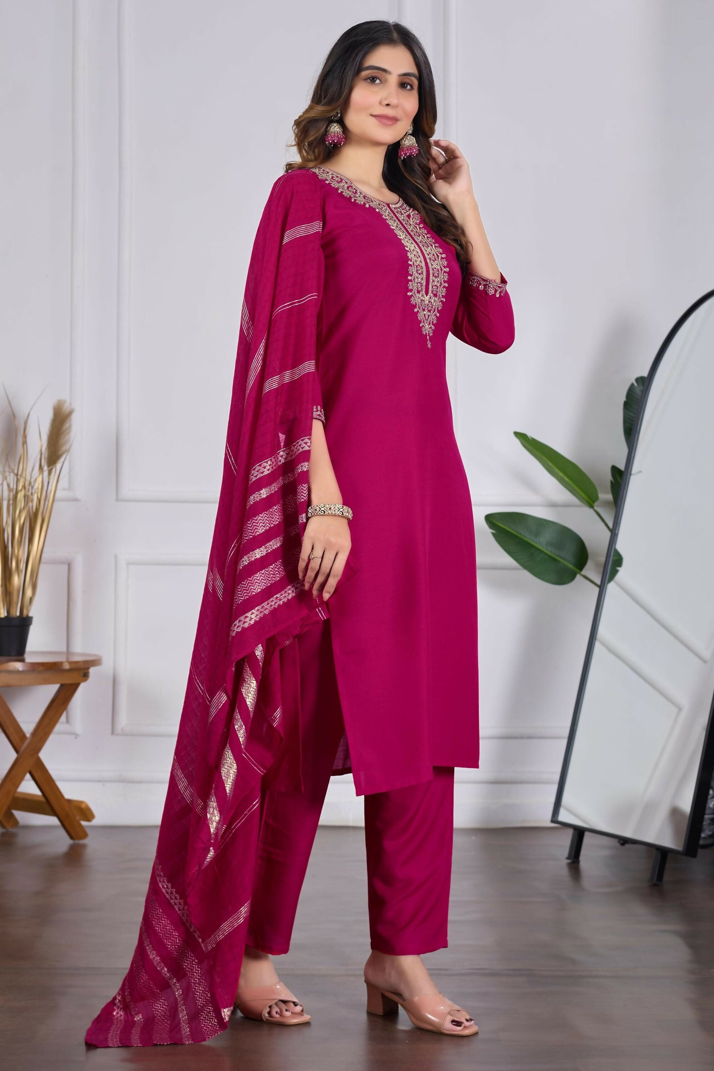 The52 Pink Women's Beautiful Embroidered Rayon Slub Fabric with Straight Kurta, Pant and Dupatta Set - Swadesiicart