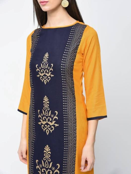 Aniyah Rayon Block Printed Straight Kurta In Mustard And Blue (AN-119K) - Swadesiicart