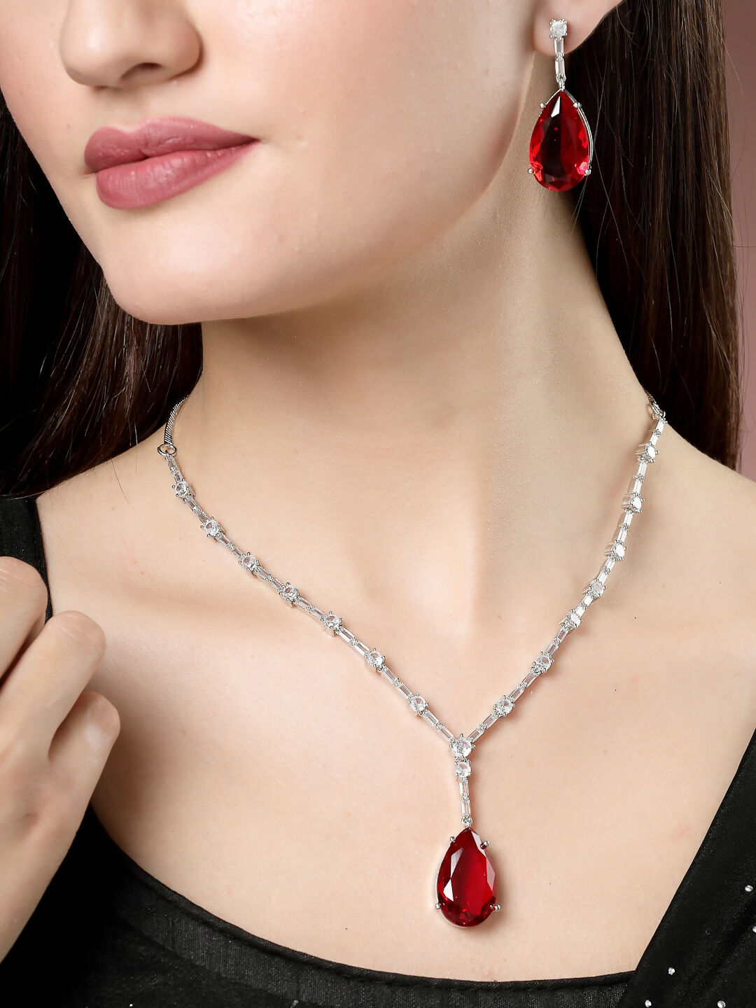 NVR Women's Silver-Plated Red Artificial Stones Studded Handcrafted Jewellery Set - NR Retail-NVR