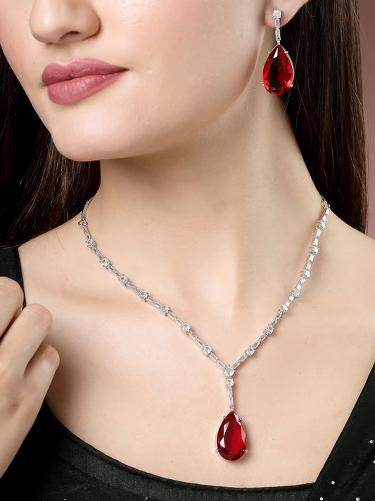 NVR Women's Silver-Plated Red Artificial Stones Studded Handcrafted Jewellery Set - NR Retail-NVR