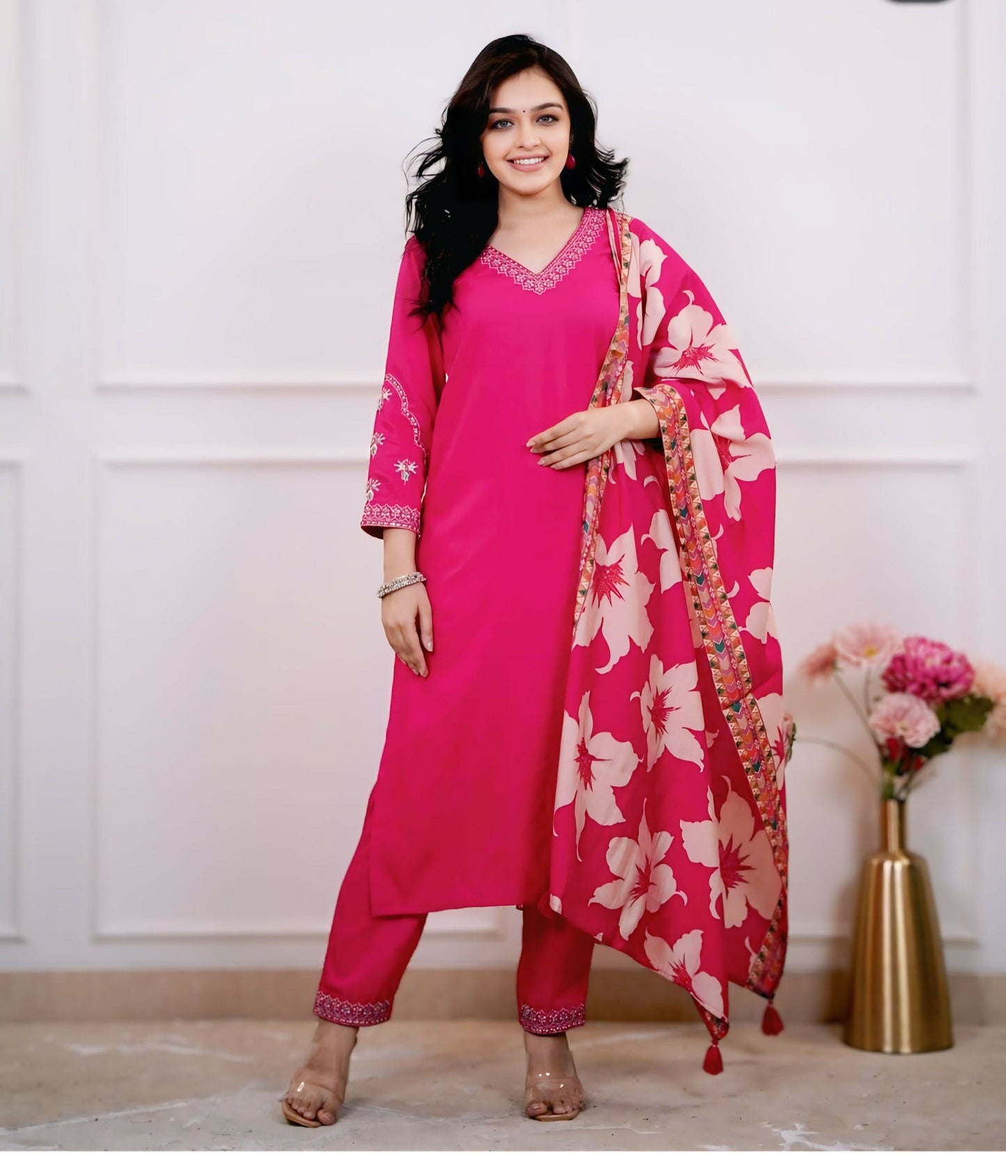 The52 Pink Women's Beautiful Viscose Silk Fabric Embroidered Work Straight Kurta Pant and Dupatta Set - Swadesiicart
