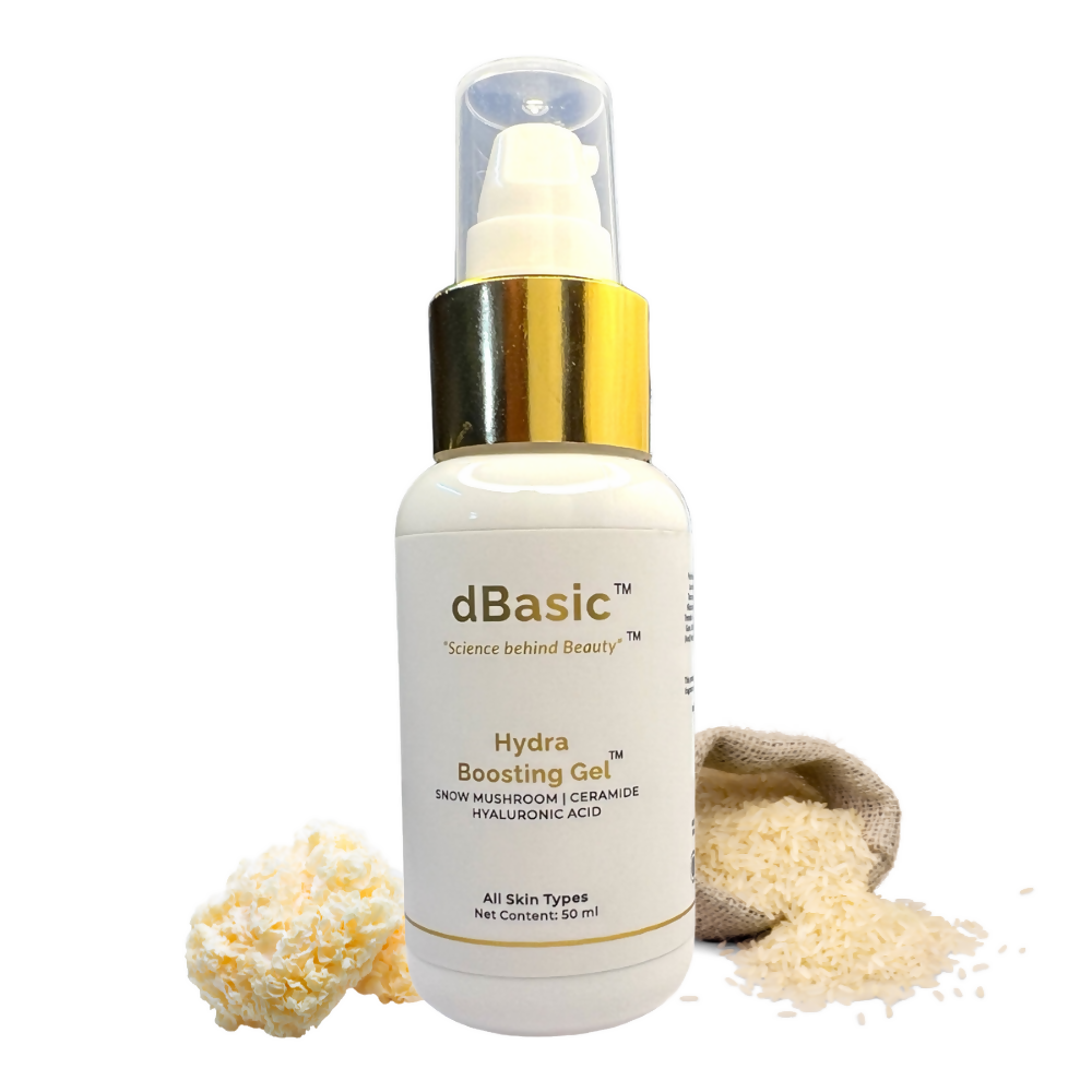 dBasic Hydra Boosting Gel, Lightweight Moisturizer with Snow Mushroom, Rice Water, Ceramides | Swadesiicart
