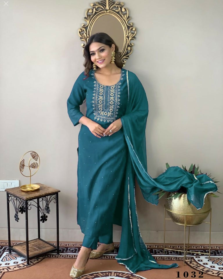Partywear Designer Firozy Rayon Slub Stitched Suit With Dupatta - Tanisha | Swadesiicart