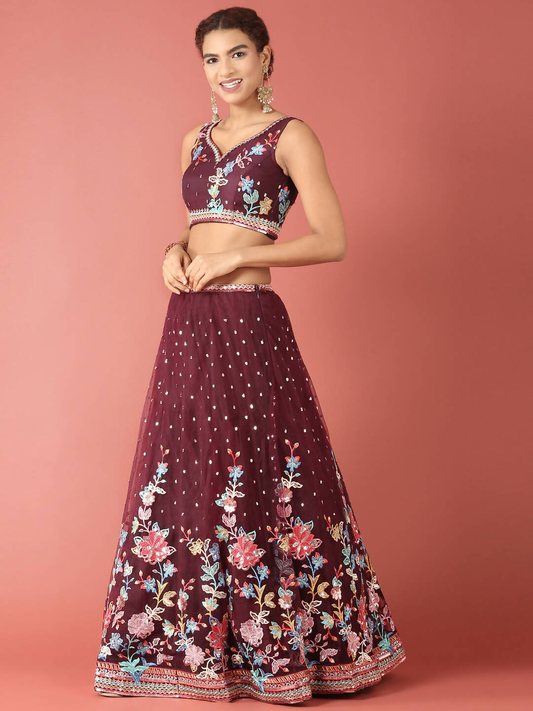 House of Panchhi Burgundy Net Multi colour Thread & Sequinse Work Lehenga & Blouse, Dupatta | Swadesiicart