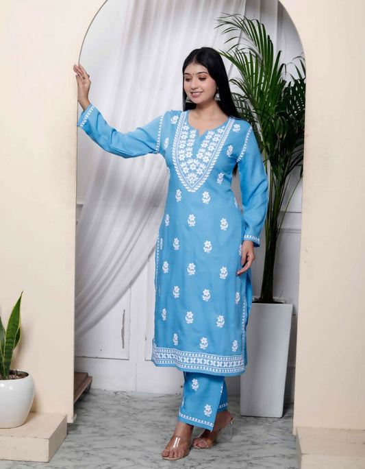 Miravan Women's Chikankari Embroidery Sky Blue Straight Kurta And Palazzo | Swadesiicart