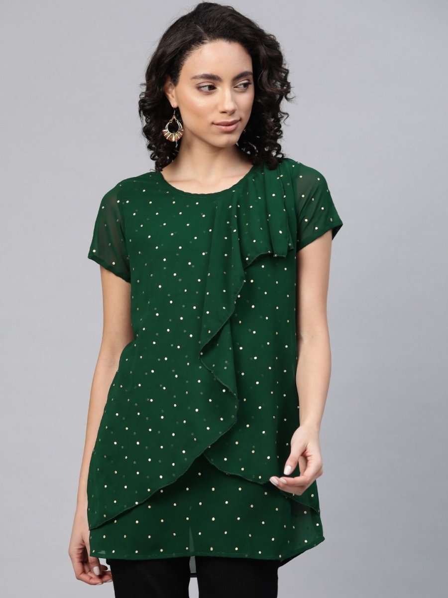 Ahalyaa Women Green Georgette Golden Polka Dots Print Layered Tunic | Swadesiicart