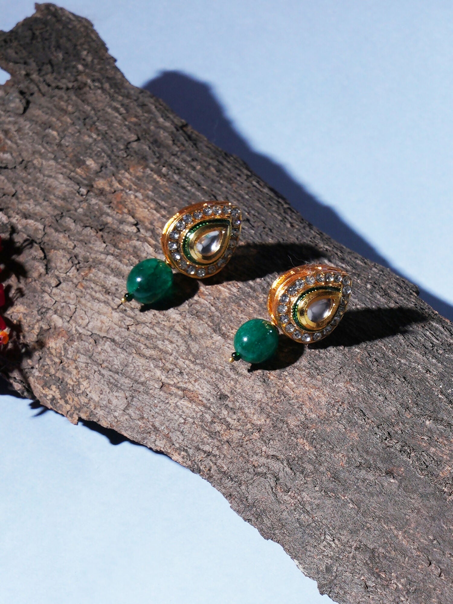 Emerald Stone Kundan Studs (Gold) - Ruby Raang - Swadesiicart