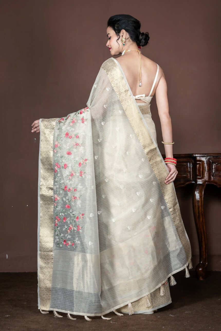 Morchari Beige Banarasi Tissue Computer Embroidery Saree Unstitched Blouse | Swadesiicart