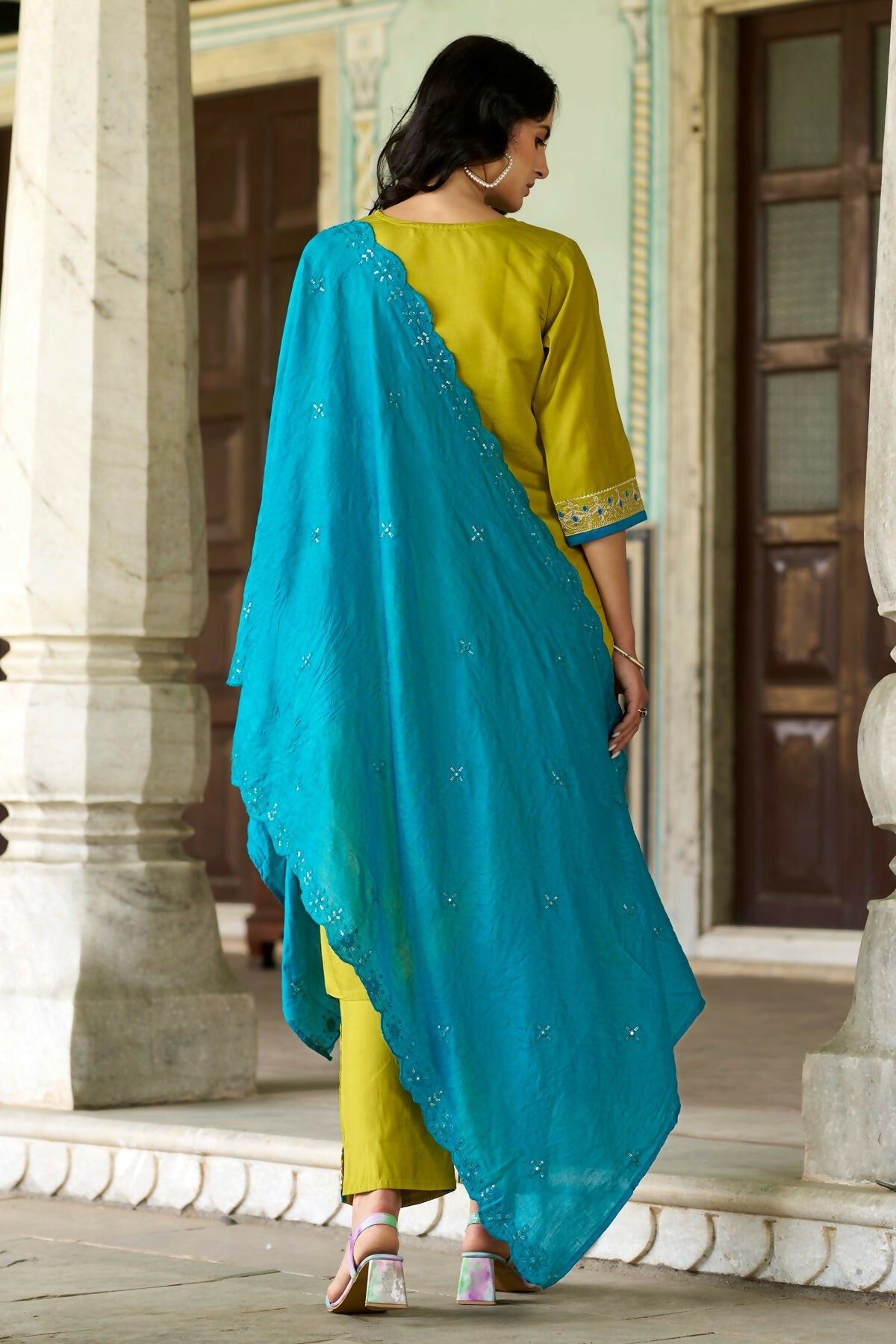 The52 Lemon Beautiful Embroidered Viscose Chanderi Fabric Straight Kurta Pant with Dupatta Set - Swadesiicart