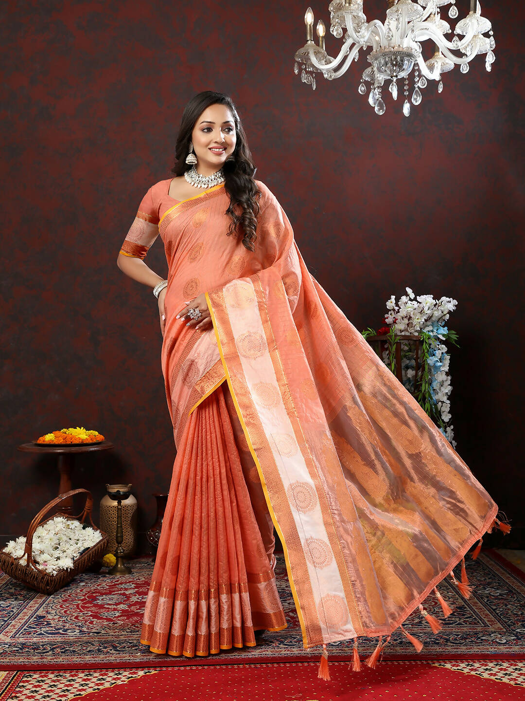 Lorenvalley Fashion Peach Cotton with Woven Design Zari Weaving Saree - Swadesiicart