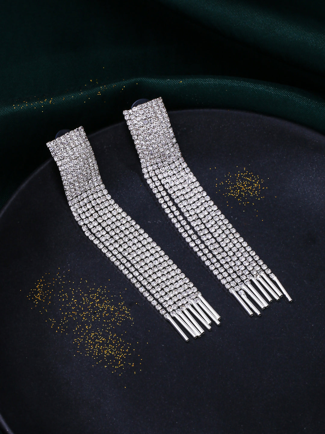 NVR Women Silver Toned Contemporary Ad Studded Drop Earrings | Swadesiicart