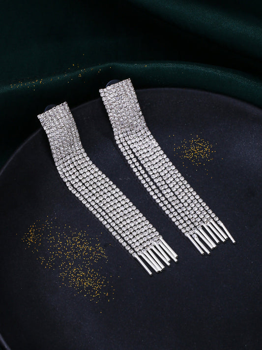 NVR Women Silver Toned Contemporary Ad Studded Drop Earrings | Swadesiicart
