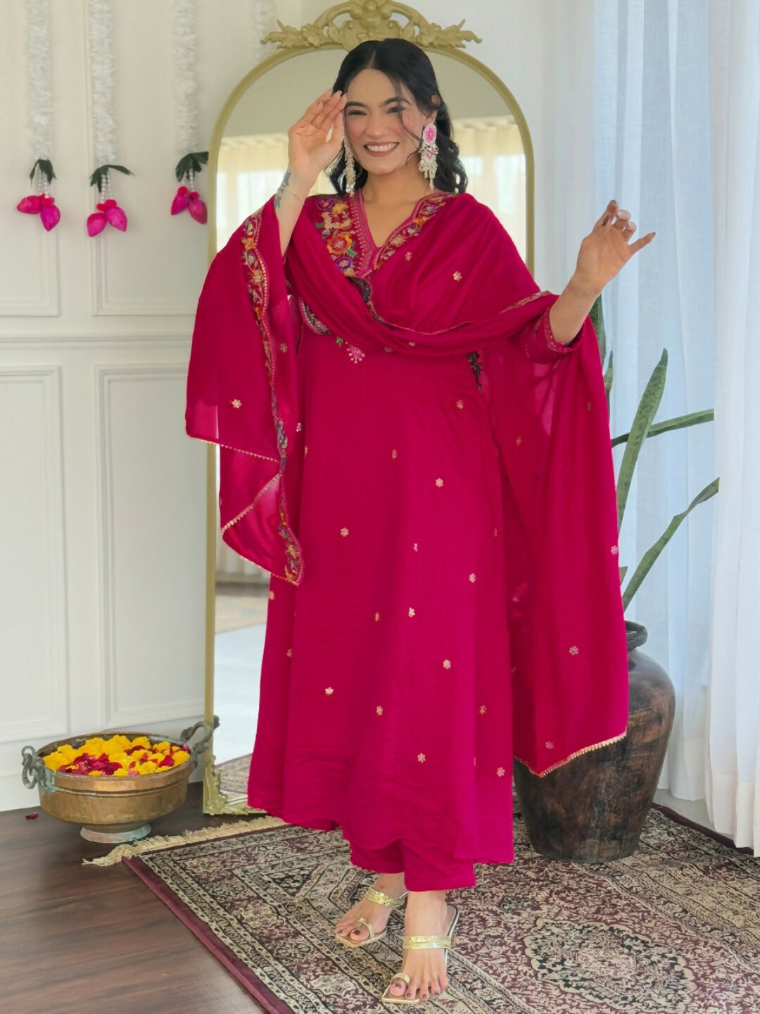 The52 Rani Women's Beautiful Embroidered Work Vichitra Silk Fabric Straight Kurta Pant and Dupatta Set - Swadesiicart
