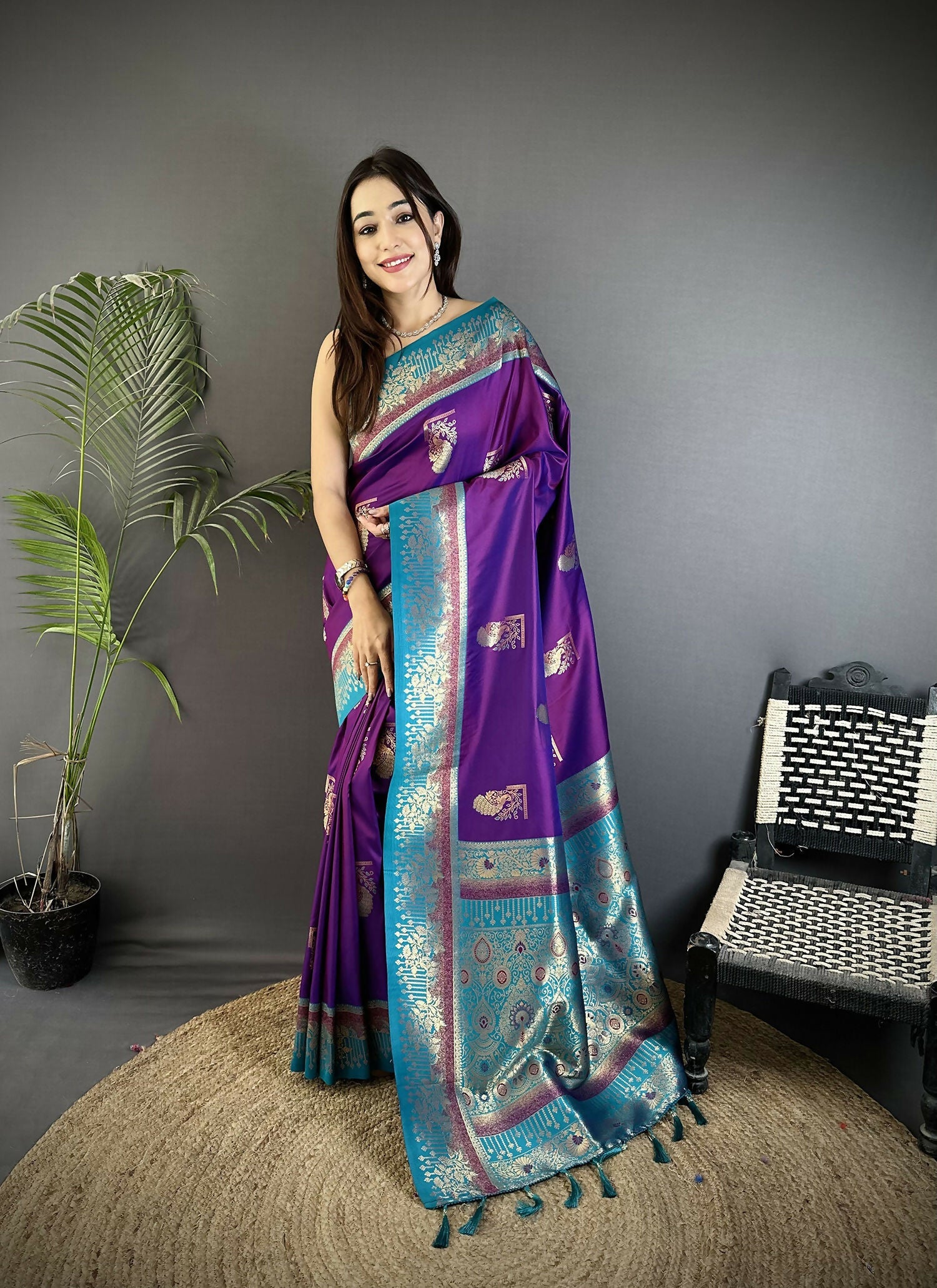 Joban Fashion Purple Banarasi Soft Silk Peacock Butta Work Saree | Swadesiicart