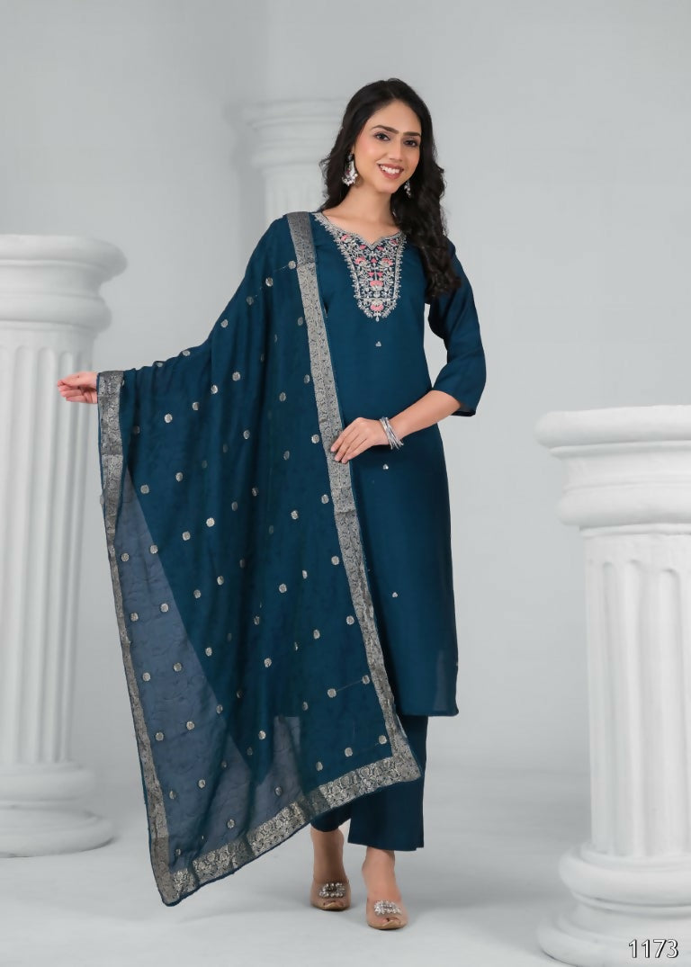 Ethnic Festive Wear Chanderi Rama Stitched Suit With Dupatta - Tanisha | Swadesiicart