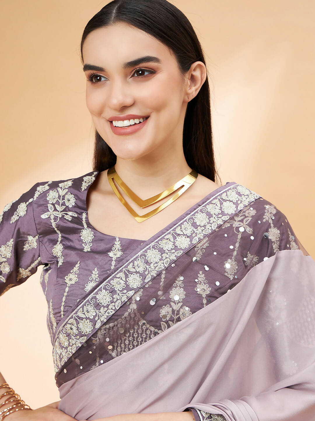 Mauve Silk Georgette Ribbon Embroidery Saree - Norita Hit Design - Swadesiicart