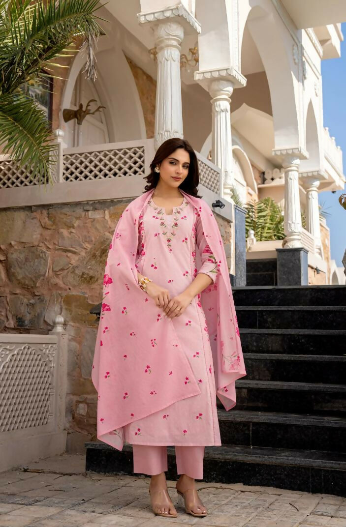 The52 Pink Women's Beautiful Chanderi Fabric Printed Work Straight Kurta Pant and Dupatta Set - Swadesiicart