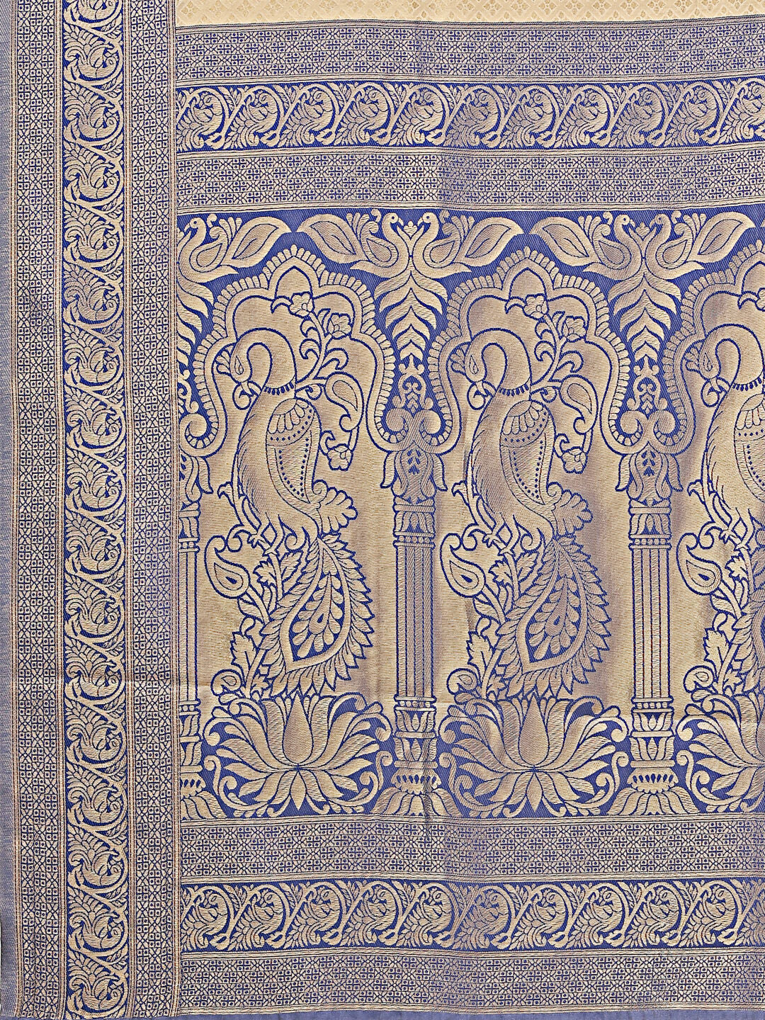 Astita Banarasi Silk Cream & Navy Blue Saree | Swadesiicart