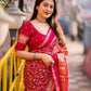 Red Cotton Blend Ethnic Motifs Saree with Unstitched Blouse - Hiral Fashion | Swadesiicart