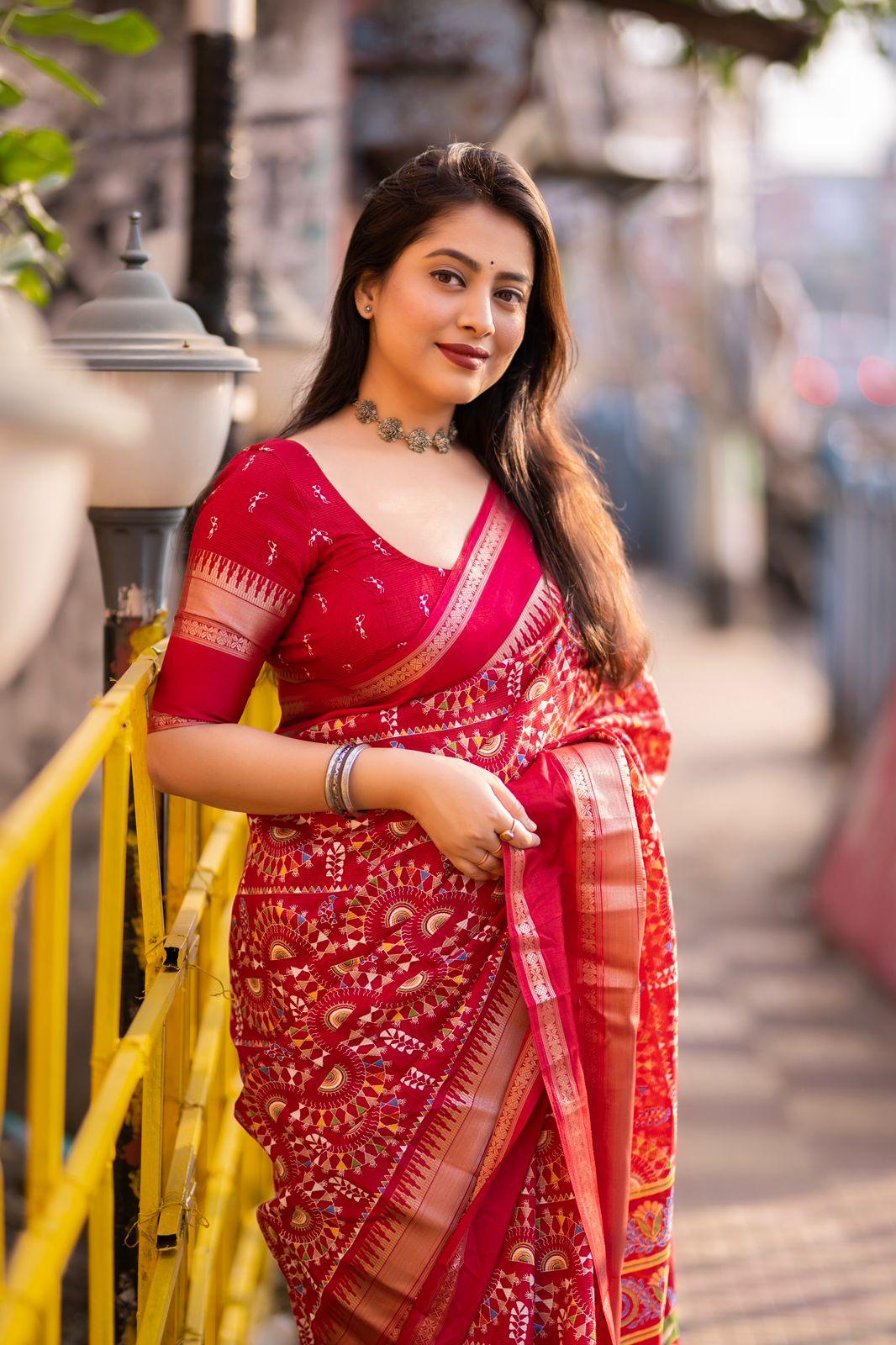Red Cotton Blend Ethnic Motifs Saree with Unstitched Blouse - Hiral Fashion | Swadesiicart