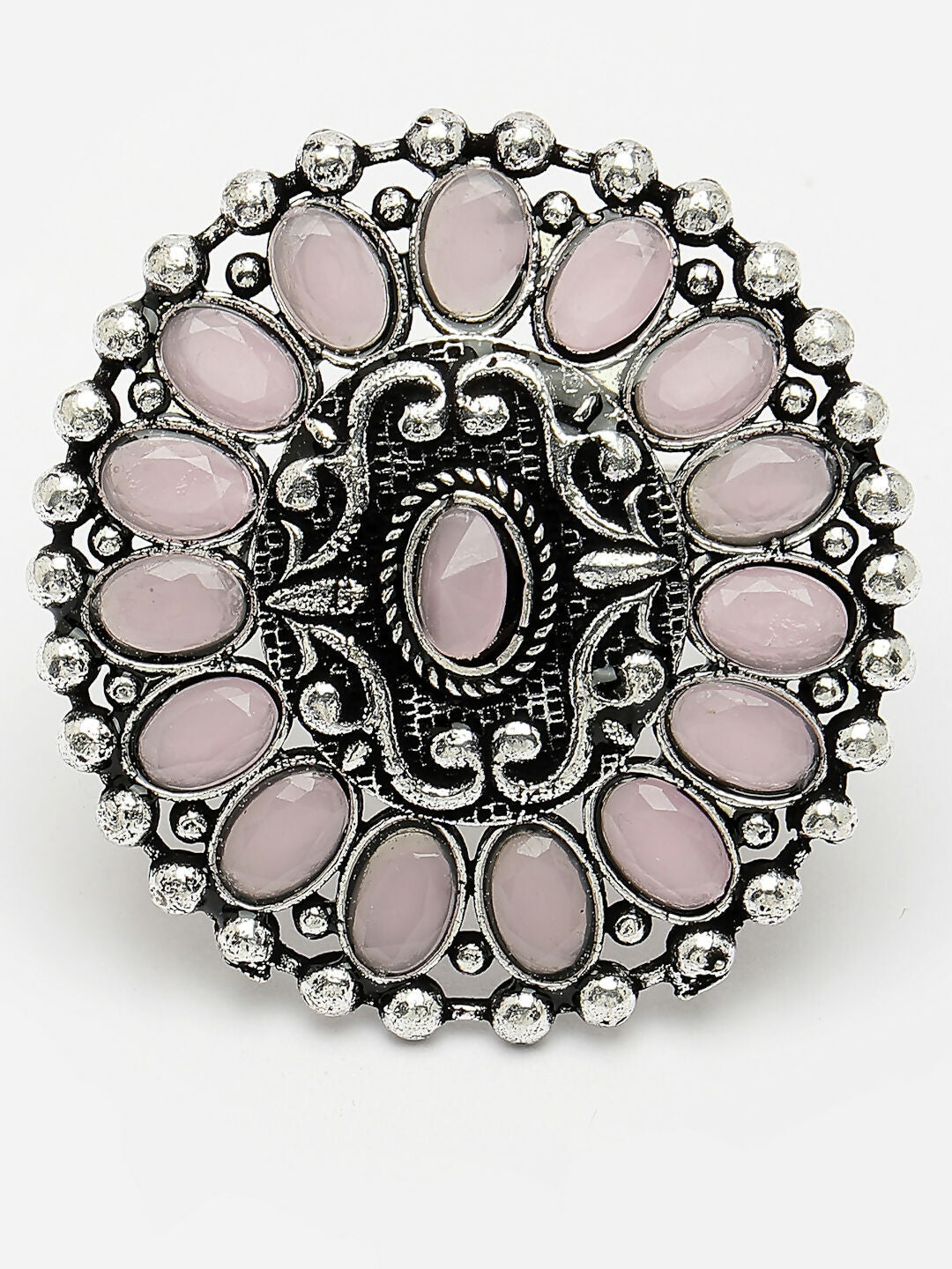 NVR Women's Pink Silver-Plated Circular Shape Adjustable Finger Ring | Swadesiicart