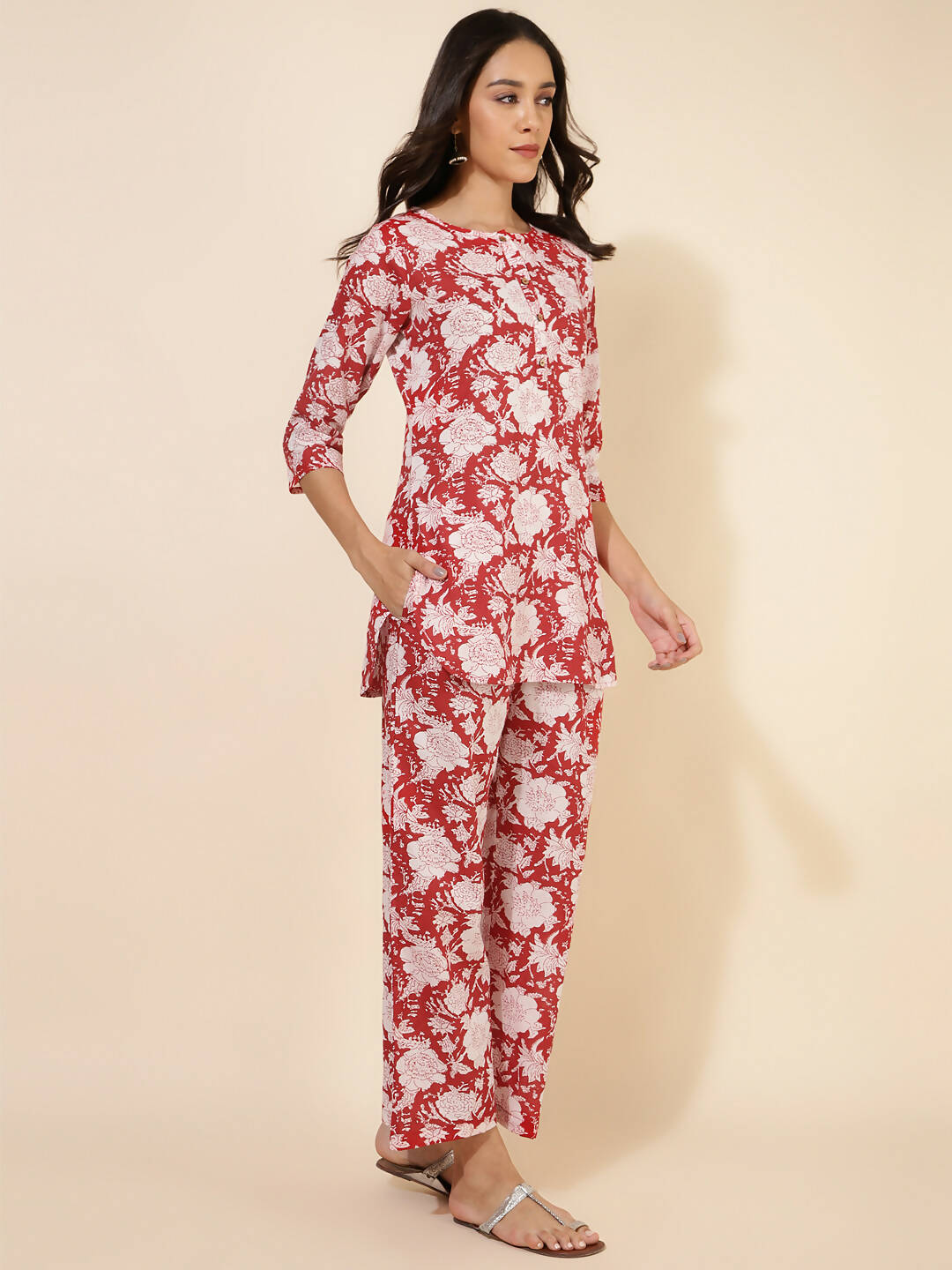 Janasya Women's Red Cotton Cambric Floral Printed Casual Straight Top Set | Swadesiicart