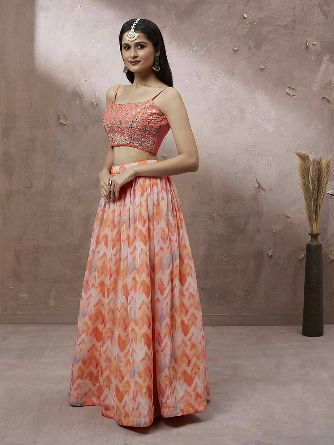 House of Panchhi Peach Organza Floral Printed Lehenga choli & Dupatta | Swadesiicart