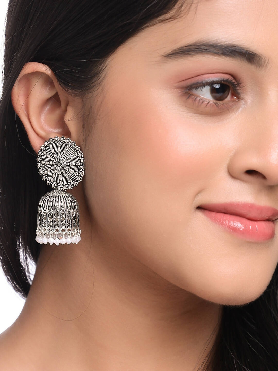 NVR Women Silver Toned Dome Shaped Jhumkas Earrings | Swadesiicart