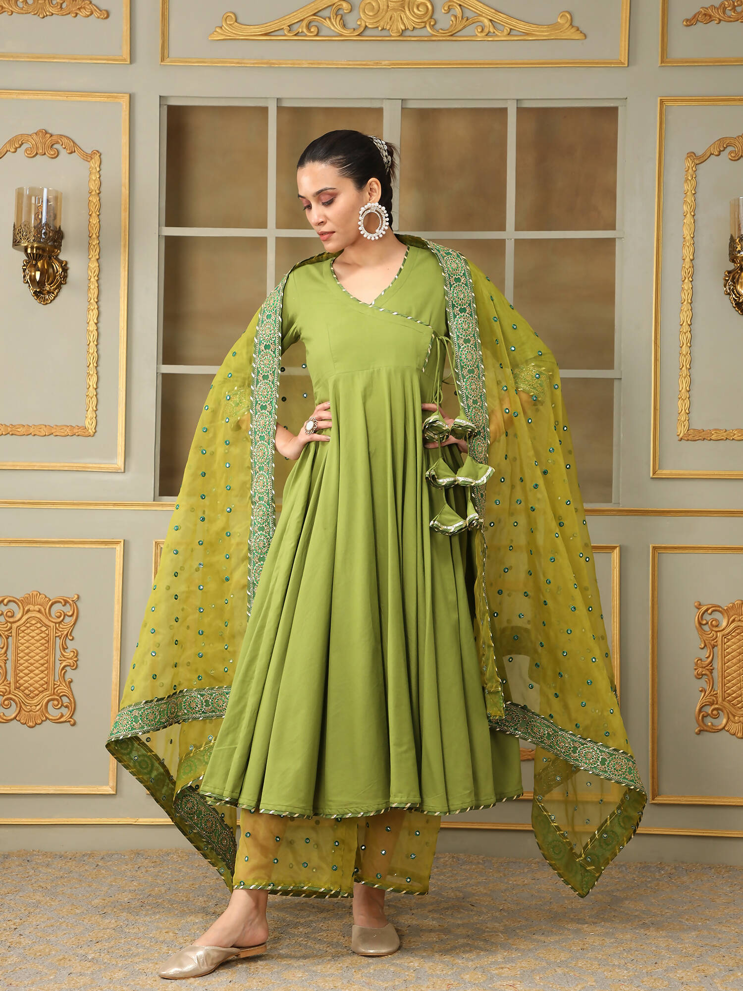 Pomcha Jaipur Green Saadgi Mehendi Green Mirror Work Angrakha Set | Swadesiicart
