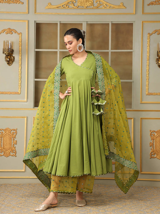 Pomcha Jaipur Green Saadgi Mehendi Green Mirror Work Angrakha Set | Swadesiicart