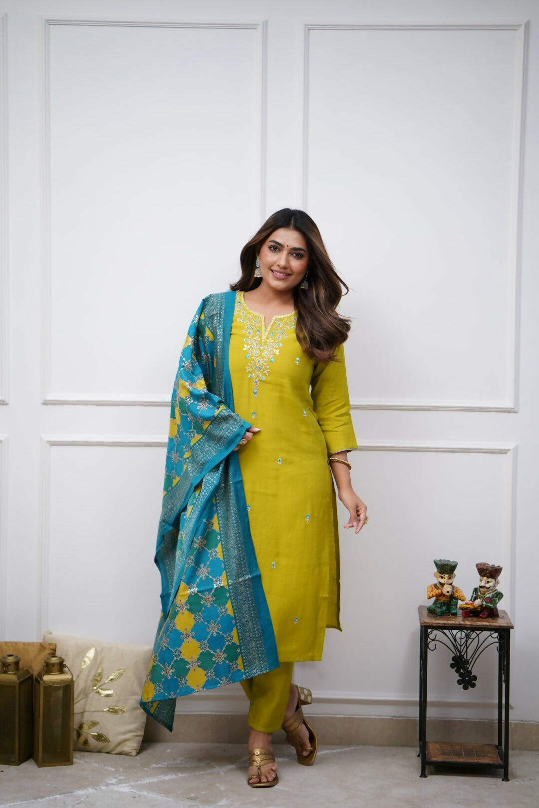 The52 Lemon Beautiful Embroidered Viscose Chanderi Fabric Straight Kurta Pant with Dupatta Set - Swadesiicart