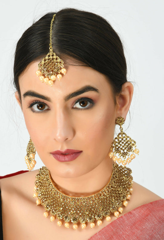 Mominos Fashion Johar Kamal Traditional Rajwadi Design Heavy Golden Color Necklace Set - Swadesiicart