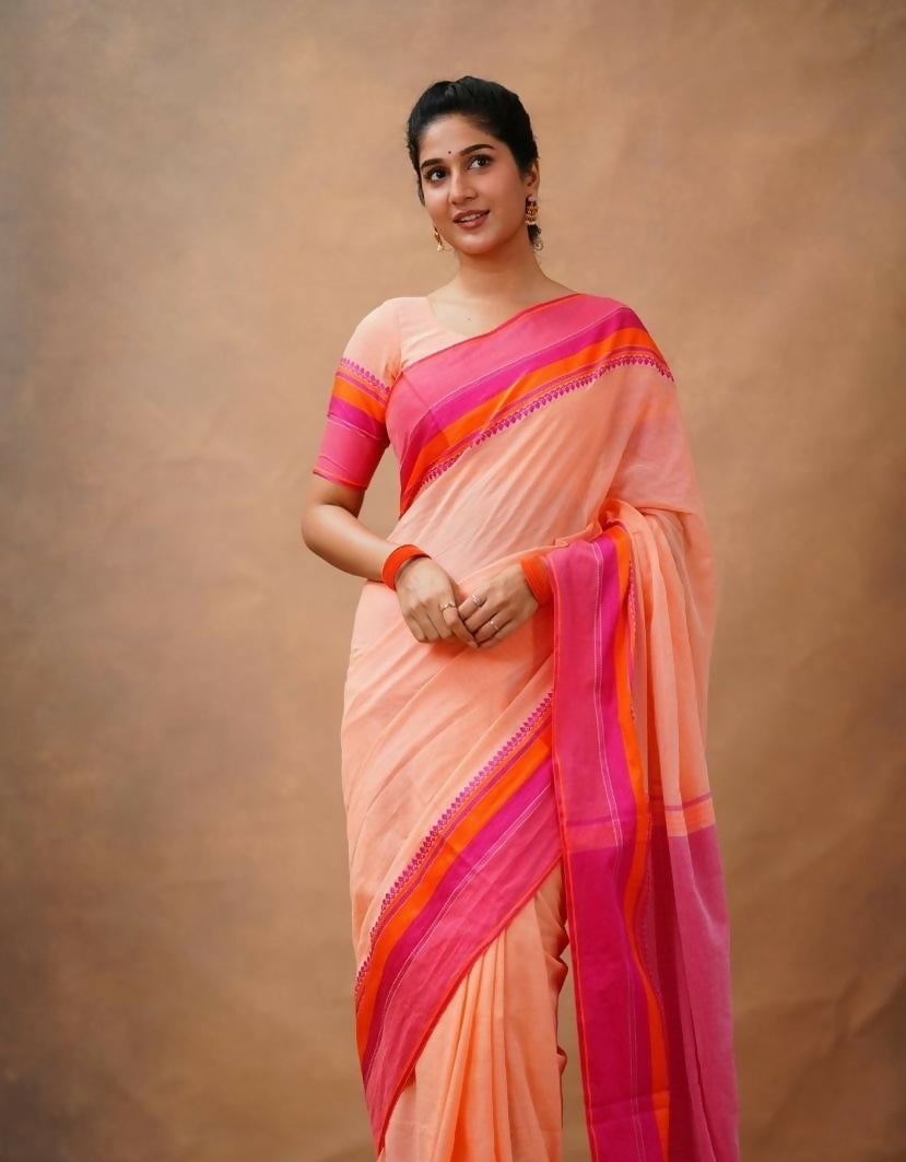 Exclusive Collection Light Orange Beautiful Khadi Cotton Handloom Saree - Swadesiicart