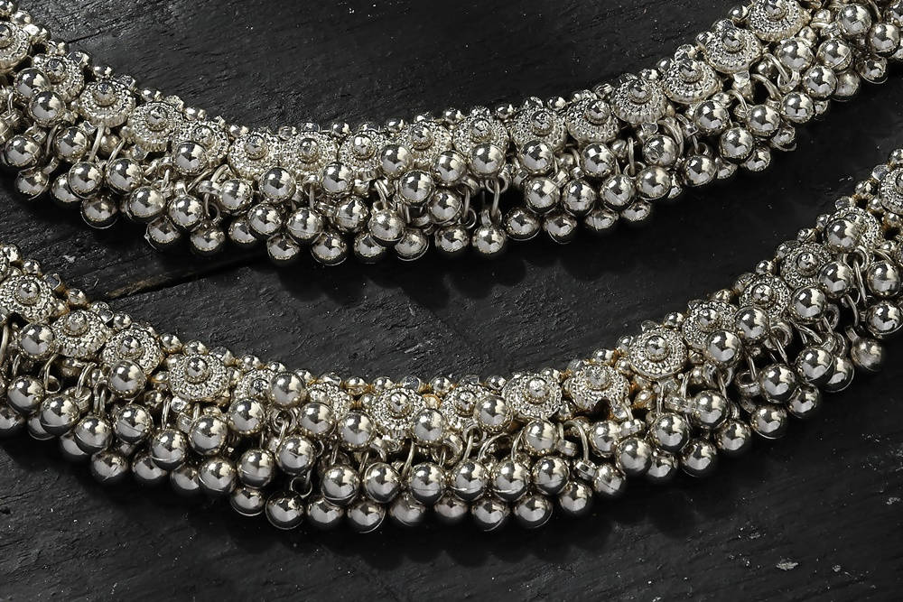 Mominos Fashion Kamal Johar Oxidised Heavy Silver Anklets | Swadesiicart