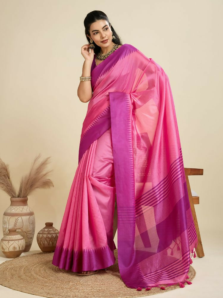Vishnu Weaves Women's Pink Raw Silk Thread Woven Saree with Blouse - Swadesiicart