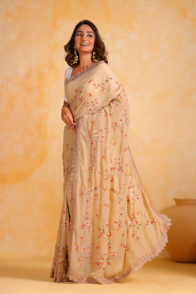 Vamsee Riva Beige Georgette Saree - Swadesiicart