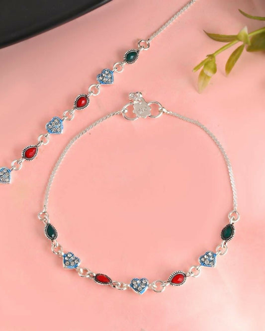 VOJ Set of 2 Silver Plated Heart Shaped Stone Studded Anklet - Swadesiicart